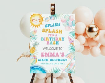 Splish Splash it's a Birthday Bash Welcome Sign, Pool Birthday Sign, Pool Birthday Party Decorations, Summer Birthday Party Decor, Template