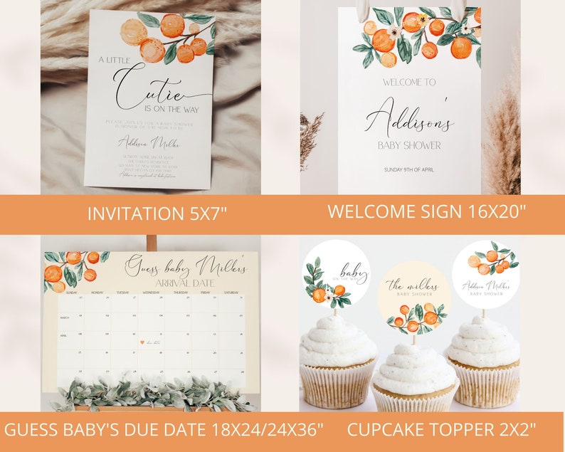 Little Cutie Baby Shower Invitation Bundle, Cutie Baby Shower Bundle, Orange Baby Shower Invitation , Citrus Baby Shower, Editable Template image 2