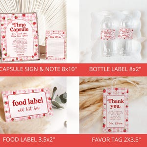May include: Printable party decorations for a strawberry themed party. Includes a time capsule sign, a note, bottle labels, food labels, and a thank you tag. All designs feature a pink and white gingham pattern with red strawberries.