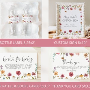 Op de afbeelding: Een set met printbare baby shower-decoraties met een bloemenmotief. De set bevat een aanpasbaar bord, etiketten voor waterflessen, een luierspelkaart, een boekverzoekkaart en een bedankkaart. De kaarten en het bord hebben een aquarelbloemenontwerp met roze, rode, gele en groene bloemen.
