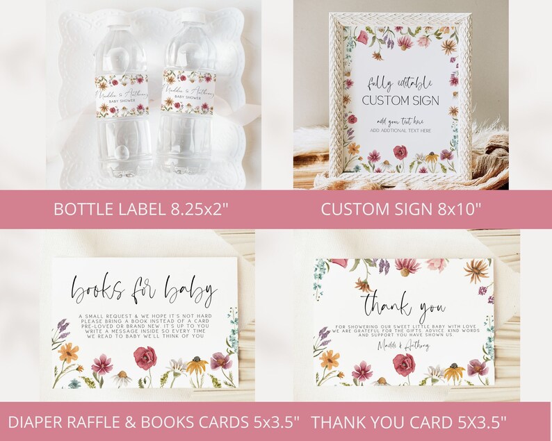 Op de afbeelding: Een set met printbare baby shower-decoraties met een bloemenmotief. De set bevat een aanpasbaar bord, etiketten voor waterflessen, een luierspelkaart, een boekverzoekkaart en een bedankkaart. De kaarten en het bord hebben een aquarelbloemenontwerp met roze, rode, gele en groene bloemen.