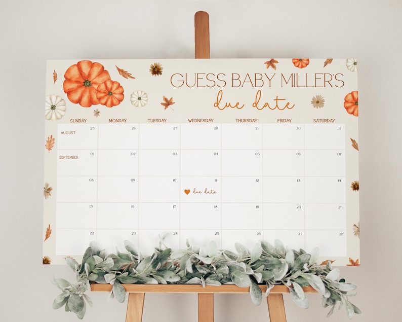K&ouml;nnte beinhalten: Ein druckbarer Kalender mit Herbstthema mit K&uuml;rbissen und Bl&auml;ttern. Der Kalender tr&auml;gt den Titel "Errate Baby Millers Geburtstermin" und umfasst die Monate August und September.