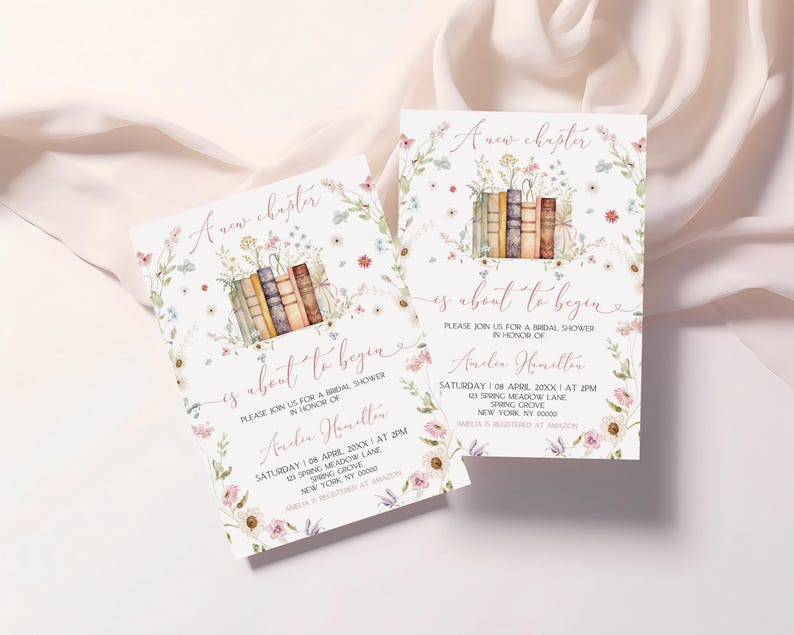 May include: A bridal shower invitation with a floral design and a stack of books. The text reads "A new chapter is about to begin" and includes the bride's name, date, time, and location.