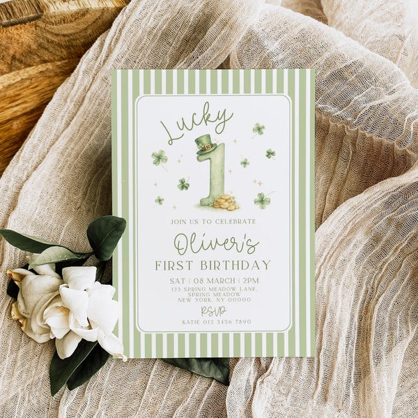 Lucky One Birthday Invitation, St Patricks Birthday Invite, Boy Invite, 5x7", Stripe, Canva Template
