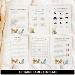 May include: Printable baby shower game cards featuring Winnie the Pooh characters. The games include "Who Knows Mummy Best?", "Would Dad Rather", "Animal Pregnancy", "Baby ABC", "Find the Guest Bingo", and "Mom Said, Dad Said".
