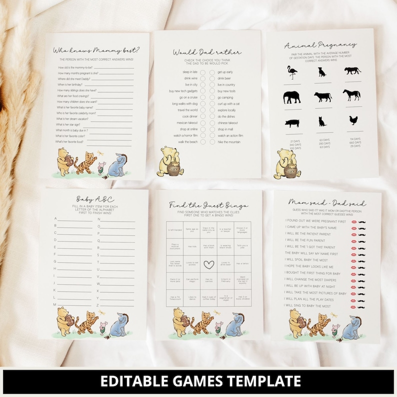 May include: Printable baby shower game cards featuring Winnie the Pooh characters. The games include "Who Knows Mummy Best?", "Would Dad Rather", "Animal Pregnancy", "Baby ABC", "Find the Guest Bingo", and "Mom Said, Dad Said".