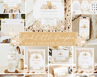 Pooh Little Pumpkin Baby Shower Bundle, Girl Little Pumpkin Baby Shower, Floral, Games, Baby Shower Decor, Canva