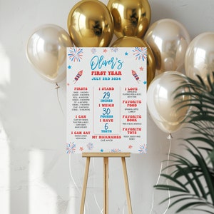 May include: A red, white, and blue first birthday milestone poster for a baby boy named Oliver. The poster features a red, white, and blue fireworks design and lists Oliver's first year accomplishments, including his height, weight, favorite foods, and toys. The poster is decorated with stars and a red, white, and blue ribbon.