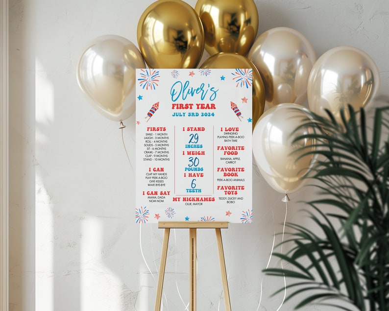 May include: A red, white, and blue first birthday milestone poster for a baby boy named Oliver. The poster features a red, white, and blue fireworks design and lists Oliver's first year accomplishments, including his height, weight, favorite foods, and toys. The poster is decorated with stars and a red, white, and blue ribbon.