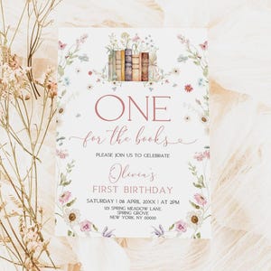 One For The Books Birthday Invitation, First Chapter Birthday Invite, Books Baby Shower Invite, Storybook Theme, Wildflower, 1st, Canva