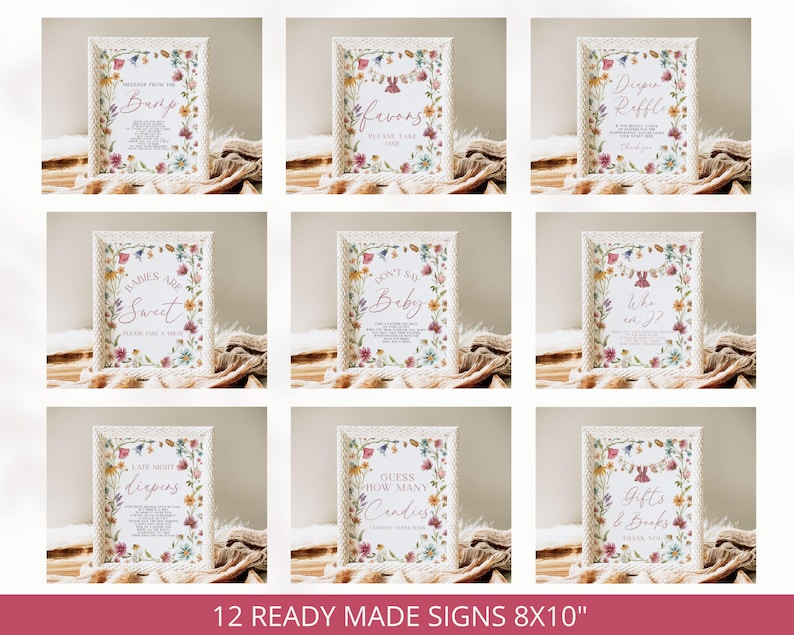 May include: A collection of nine rectangular signs in white textured frames, each featuring a colorful floral border and printed text for baby shower activities. The signs include titles like Message from the Bump, Diaper Raffle, and Guess How Many Candies, measuring 8 by 10 inches.