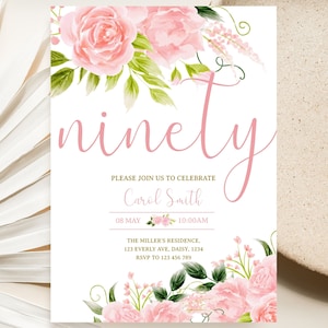 90th Birthday Invitation, 90th Birthday Evite, Floral, Pink, Ninety Birthday, Editable Instant Download, Birthday Template