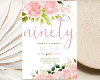 90th Birthday Invitation, 90th Birthday Evite, Floral, Pink, Ninety Birthday, Editable Instant Download, Birthday Template