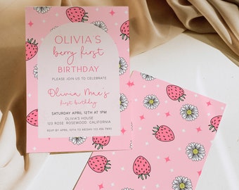 Berry First Birthday Invitation, Strawberry 1st Birthday Invite, Summer Birthday Invitation, Berry Birthday Invite, Retro, Editable Template