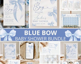 Blue Bow Baby Shower Bundle, Blue Bow Baby Shower Invitation, Blue Bow Baby Shower, Blue Baby Shower Decor, Boy Baby Shower, Canva Template