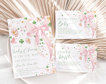 Pink Bow St Patrick's Baby Shower Invitation, Pink Bow Baby Shower Decor, Girl Baby Shower, LuckyCharm Baby Shower, Shamrock, Template