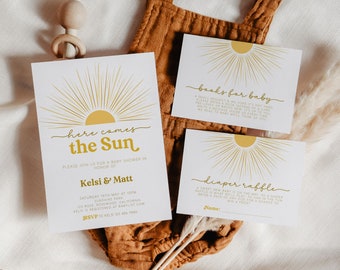 Here Comes the Sun Baby Shower Invitation, Sun Baby Shower Invitation, Sunshine Baby Shower Invitation Boy, Here Comes the Son, Bundle