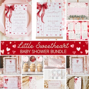 Könnte beinhalten: Ein Babyparty-Set in Rot und Rosa. Es enthält Schilder, Etiketten und Dekorationen mit Herz- und Schleifenmotiven. Der Text lautet "A Little Sweetheart is on the Way" und "Baby Shower Bundle".