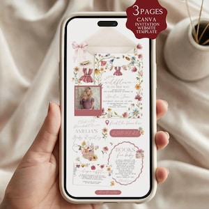 May include: A smartphone displaying a three-page digital baby shower invitation website template featuring floral illustrations, a pink envelope, a photo placeholder, and text including A Little Wildflower Is On Her Way, Amelia's Baby Registry, and RSVP Here.