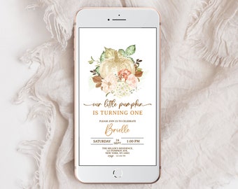 Invitación electrónica de cumpleaños de pequeña calabaza, 1er cumpleaños de calabaza Evite, invitación de cumpleaños de otoño, invitación de pequeña calabaza, cumpleaños de pequeña calabaza