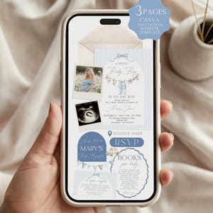 Pu&ograve; includere: Uno schermo di smartphone che mostra un modello di sito web per inviti a un baby shower di 3 pagine su Canva. Il design presenta strisce azzurre, un'illustrazione di vestiti per neonati, la foto di una persona incinta e pulsanti RSVP.