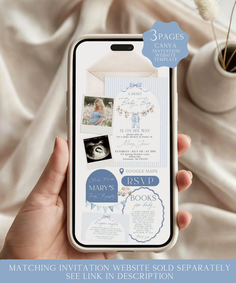 Pu&ograve; includere: Uno schermo di smartphone che mostra un modello di sito web per inviti a un baby shower di 3 pagine su Canva. Il design presenta strisce azzurre, un'illustrazione di vestiti per neonati, la foto di una persona incinta e pulsanti RSVP.