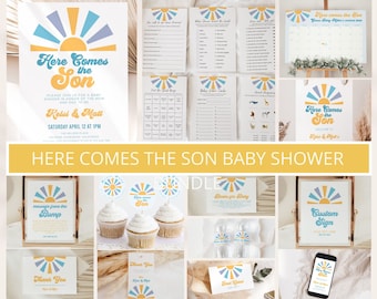 Aí vem o pacote de chá de bebê do filho, retrô Aí vem o convite de chá de bebê do filho, chá de bebê com luz do sol, decoração de chá de bebê com sol, retrô