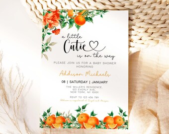 Cutie Baby Shower Invitation, Little Cutie Baby Shower Invitation, Orange Floral Baby Shower, Cutie Invite, Instant Download, Editable