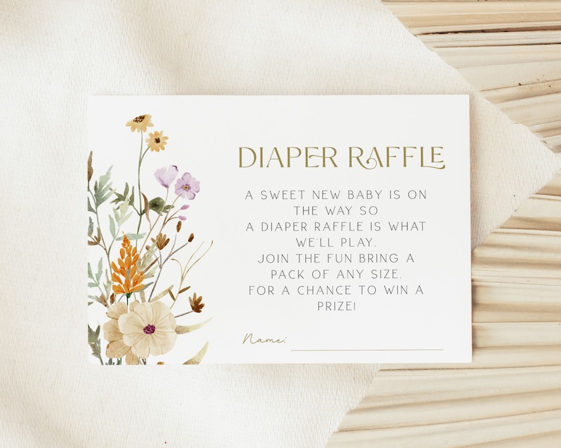 Spring Flowers Diaper Raffle Card, Wildflower Baby shower Diaper Raffle Card, Baby Shower Diaper Raffle Card, Editable Template image 1