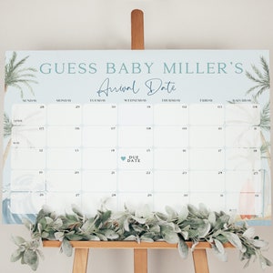 Baby an Bord Raten Sie Babys Ankunftsdatum, Kalender, Surfbrett Guess Baby's Fälligkeitskalender, Surf-Babyparty-Dekor, Kalender, Vorlage