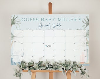 May include: A blue and white baby shower game with a calendar to guess the baby's arrival date. The calendar has a palm tree and ocean wave design. The text "Guess Baby Miller's Arrival Date" is at the top of the calendar.