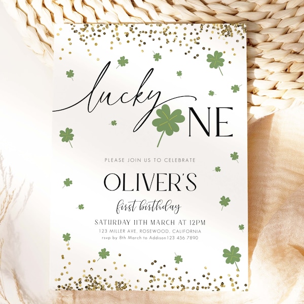 Shamrock Birthday Invitation, Gold Lucky One Birthday Invitation, St Patrick's Invitation, Shamrock 1st Birthday, Editable Template