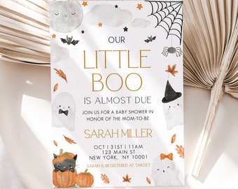 May include: A Halloween-themed baby shower invitation with watercolor illustrations. The design features ghosts, bats, pumpkins, and the text "Our Little Boo Is Almost Due." The invitation includes the name Sarah Miller and event details.