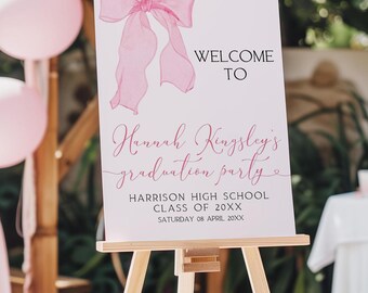 Letrero de bienvenida para fiesta de graduación con lazo rosa, letrero de bienvenida para graduación, decoración para fiesta de graduación, invitación de graduación rosa, plantilla de Canva