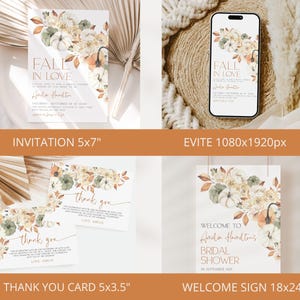 May include: Fall-themed bridal shower invitation suite with a watercolor floral design featuring pumpkins, leaves, and flowers in shades of orange, green, and white. The invitation is 5x7 inches, the thank you card is 5x3.5 inches, the welcome sign is 18x24 inches, and the Evite is 1080x1920 pixels.