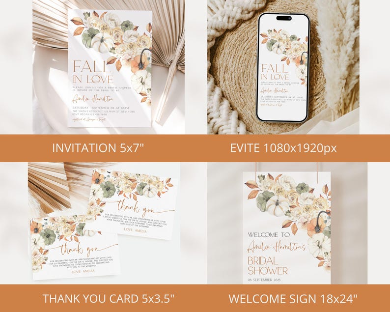 May include: Fall-themed bridal shower invitation suite with a watercolor floral design featuring pumpkins, leaves, and flowers in shades of orange, green, and white. The invitation is 5x7 inches, the thank you card is 5x3.5 inches, the welcome sign is 18x24 inches, and the Evite is 1080x1920 pixels.