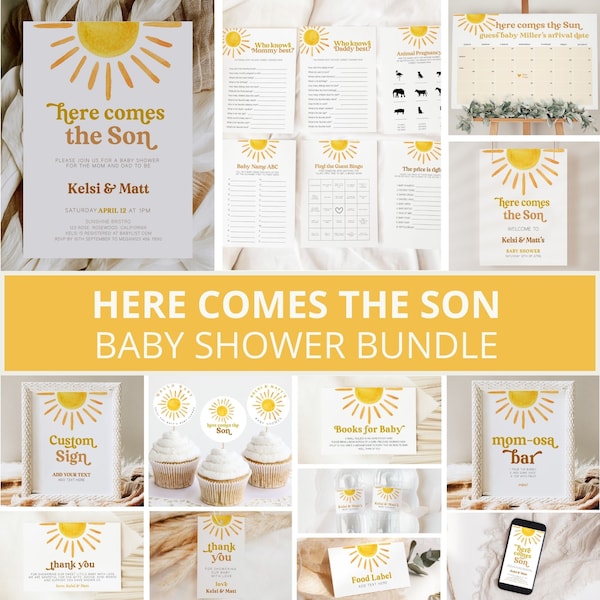 Here Comes the Son Baby Shower Bundle, Here Comes the Son Baby Shower Invitation, Sunshine Baby shower, Sun Baby Shower Decor, Yellow