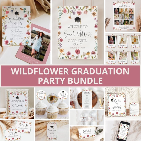 Wildflower Graduation Invitation Bundle, Graduation Party Bundle, Wildflower Grad Party Invite, Graduation Party Decor, Floral, Template