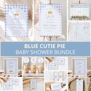 May include: Blue and white gingham baby shower printable bundle with a cute pie theme. The bundle includes invitations, welcome sign, food labels, thank you cards, games, and a custom sign.