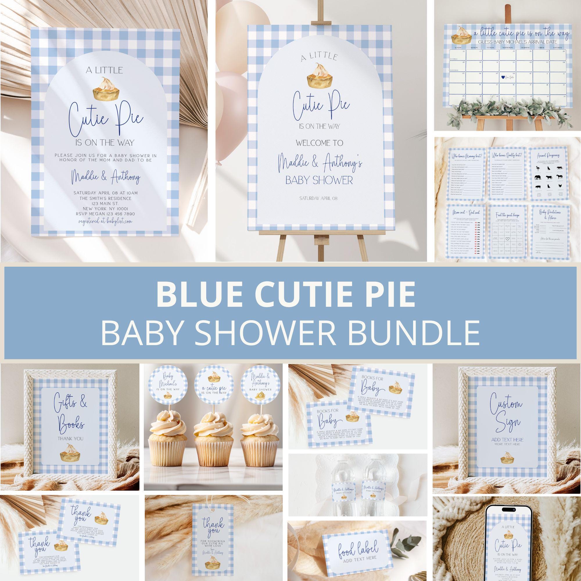 Blue Cutie Pie Baby Shower Invitation Bundle, Cutie Pie Baby Shower Invite, Fall Baby shower, Pie Baby Shower Decor, Boy, Editable Template