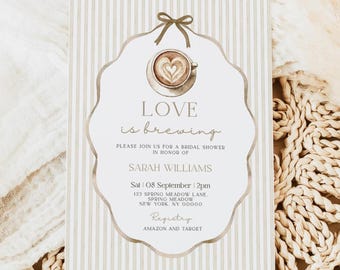 Love is Brewing Bridal Shower Invitation, Stripe Beige, Coffee Bridal Shower Invite, Coffee Theme , Canva Template