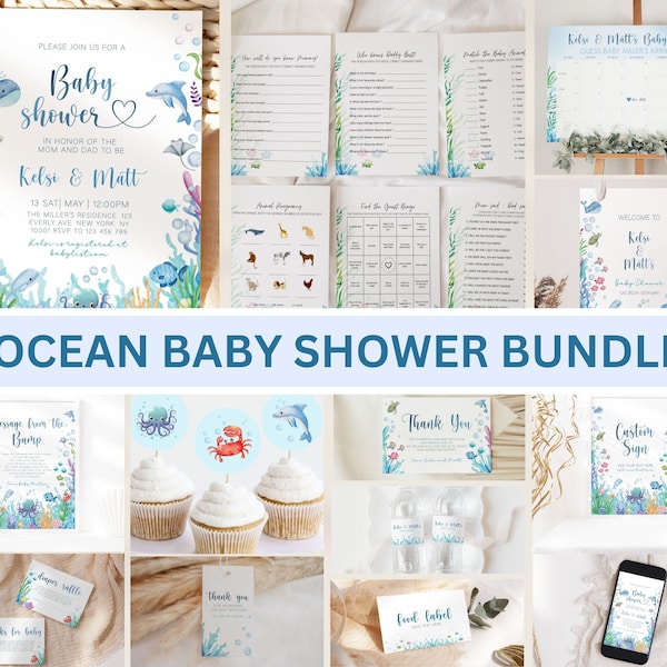 Ocean Baby Shower Bundle, Under the Sea Baby Shower Bundle, Ocean Baby Shower Invitation, Ocean Baby Shower Decor, Baby Shower Bundle