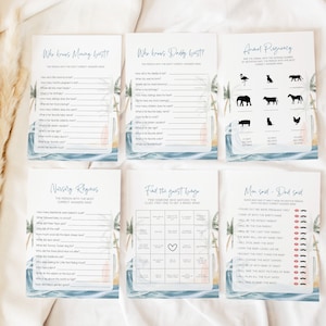 May include: A set of printable baby shower game cards with a tropical theme. The cards feature a blue and white watercolour background with palm trees and waves. The games include "Who Knows Mommy Best?", "Who Knows Daddy Best?", "Animal Pregnancy", "Nursery Rhymes", "Find the Guest Bingo", and "Mom Spot - Dad Spot".