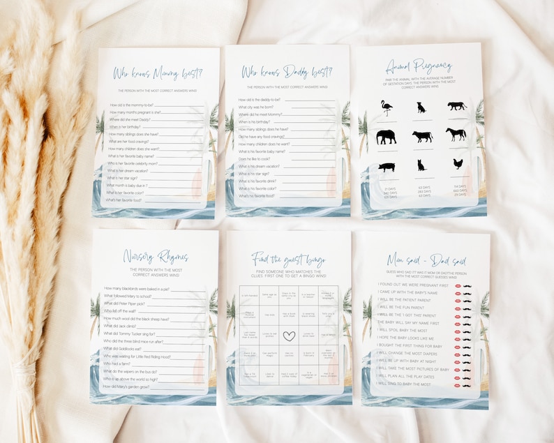May include: A set of printable baby shower game cards with a tropical theme. The cards feature a blue and white watercolour background with palm trees and waves. The games include "Who Knows Mommy Best?", "Who Knows Daddy Best?", "Animal Pregnancy", "Nursery Rhymes", "Find the Guest Bingo", and "Mom Spot - Dad Spot".