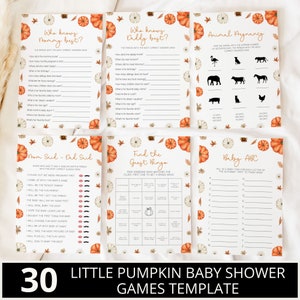 May include: Printable baby shower game templates featuring a pumpkin theme. The games include "Who Knows Mummy Best?", "Who Knows Daddy Best?", "Animal Pregnancy", "Mom Said - Dad Said", "Find the Guest Bingo", and "Baby ABC".