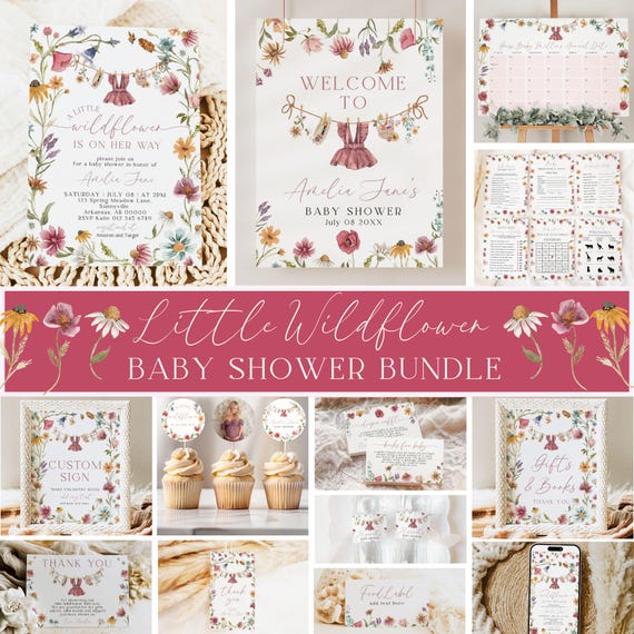 Little Wildflower Baby Shower Bundle, Spring Wildflower Baby Shower,Baby Shower Decorations, Dress Wildflower Invite, Canva Templates