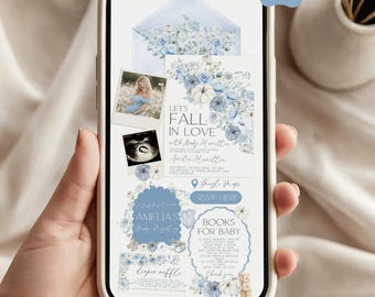 Fall in Love Baby Shower Invitation Website, Blue Fall Baby Shower, Boy, Canva Invitation Website Template (Digital Download)