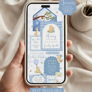 Pode incluir: Uma tela de smartphone exibindo um modelo de convite digital de três páginas para chá de bebê com padrão xadrez azul, apresentando ilustrações de um urso, um coelho, potes de mel e balões, com o texto A Little Hunny Is On The Way.