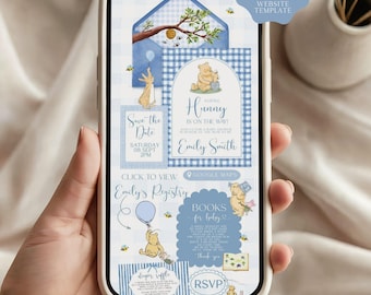 Blue Winnie the Pooh Baby Shower Invitation Website, Boy Baby Shower, Little Hunny, Canva Invitation Website Template