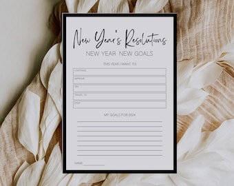 May include: A printable New Year's Resolutions worksheet with a black border. The worksheet has sections for "This Year I Want To" and "My Goals for 2024".